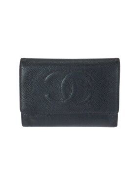 Chanel Vintage CC Logo Black Gold Caviar Leather Fold Wallet Compact